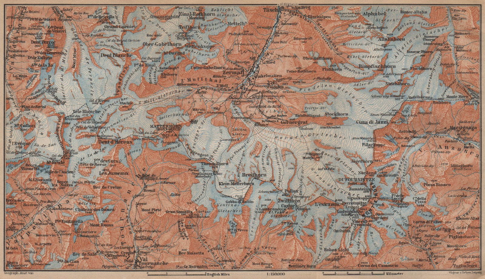 ZERMATT ENVIRONS. Breuil-Cervinia Matterhorn Tournanche Monte Rosa 1907 map
